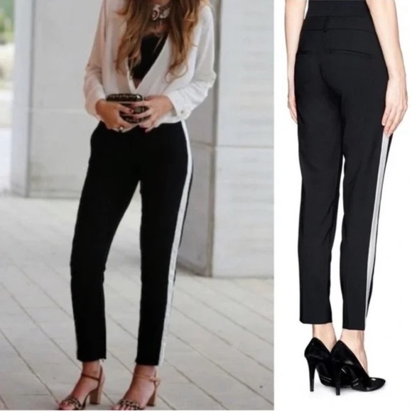 Vince Black with White Stripe Wool Blend Tuxedo Pants Size 2 - Picture 1 of 7